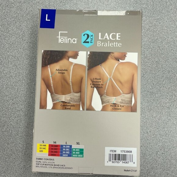 NEW Felina Women's Size L 2-Pack Lace Bralette Adjustable Straps Beige Navy - Picture 4 of 5